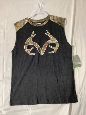 Real Tree sleeveless muscle shirt Men’s Medium Black Charcoal Camo Antlers NWT - Image 1 of 4