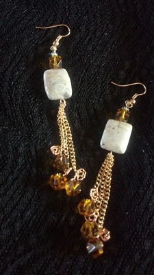 Pendientes colgantes Ocean Jaspe piedra y vidrio tono cobre plata ganchos Foto 1 de 4