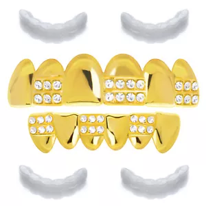 Rapero 2 filas PARRILLA HELADA JUEGO Tono Dorado Tapas Dientes Inferiores Superiores LS 612 G 2 Barra Extendida - Imagen 1 de 4