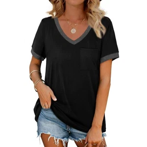 MOSHU V-Neck Women T Shirts Short Sleeve Loose Summer Tops for Women with Pocket - Picture 1 of 18