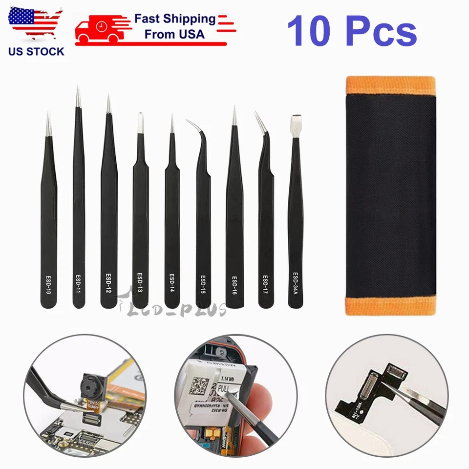 10Pcs ESD Precision Tweezers Set Stainless Steel Tool for Electronics Repair - Image 1 of 4
