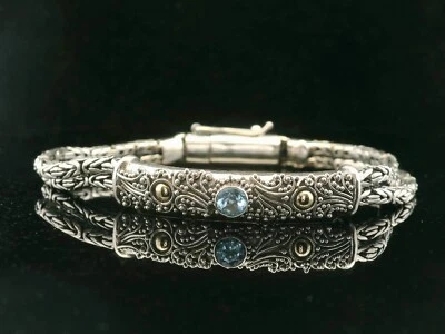 Corrente de prata artesanal Borobudur e pulseira de topázio azul com detalhes dourados - Imagem 1 de 4