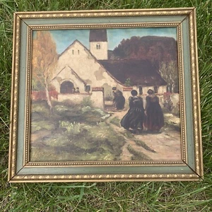 Antique German Oil Painting 15x13” Landscape Family Church Georg Fritz - Picture 1 of 7