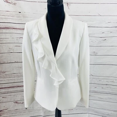 Chaqueta Tahari Mujer’s 10 Blazer Blanco Mangas Largas Forrada Volantes Frontales Usada en Excelente Condición Foto 1 de 4