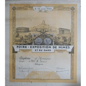 FOIRE EXPOSITION de NÎMES Diplôme d'Honneur de Mr L. ICARD de CODOGNAN Gard 1932 - Afbeelding 1 van 1