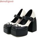 Women's Gothic 12.5Cm High Chunky Heels Platform Square Toe Buckle Strap Shoes