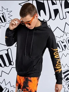 Letter Graphic Drawstring Men Hoodie Casual Sweatshirt Black Pullover Streetwear - Picture 1 of 7