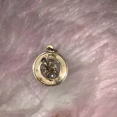 14k Gold  Unique Stamped Happy Birthday Vintage Cultured  Pearl Pendent - Image 1 of 4