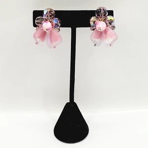 Pink Art Glass with AB Crystal Sparkling Faceted Bead Vintage Clip On Earrings - Picture 1 of 22
