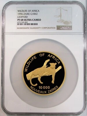 1996 GOLD ZAIRE 99 MINTED 10,000KZ 5oz LEOPARD NGC PR 68 UC WILDLIFE OF AFRICA  - Image 1 of 3