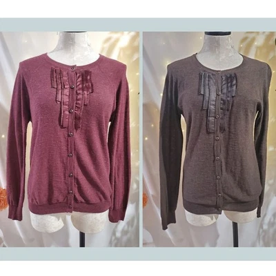 Conjunto Suéter Cárdigan Eddie Bauer Mujer Volantes Botón Frontal Talla L Marrón Malva Foto 1 de 4