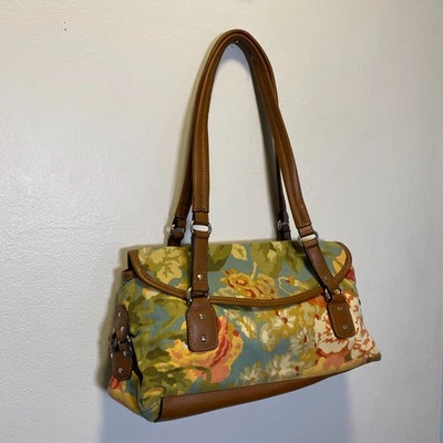 Relic Floral Canvas Satchel Shoulder Bag Brown Faux Leather Trim Purse Handbag - Image 1 of 4
