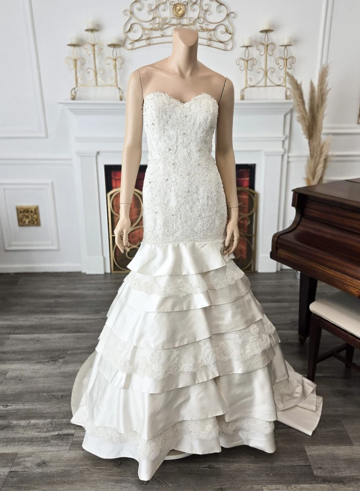 Christina Wu Ivory 15543 Tiered Alencon Lace Satin Sweetheart Wedding Dress 10 - Image 1 of 4
