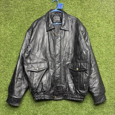 Vintage Leather Jacket Mens XL Black Full Zip Genuine Leather Stitched Design - Image 1 of 4