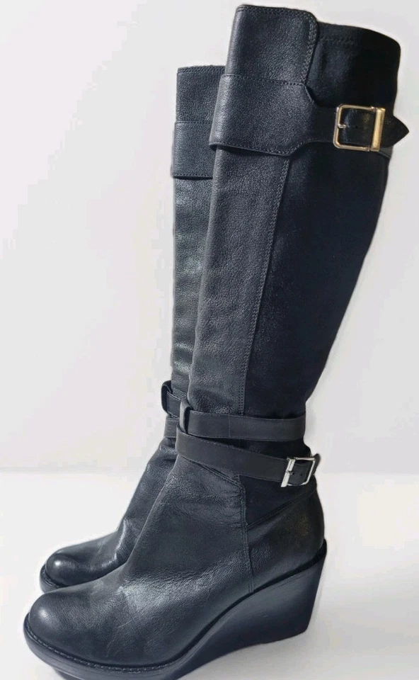 Cole Haan Patricia Black Leather & Faux Suede Wedge Heel Boots High 8 Riding - Image 1 of 4