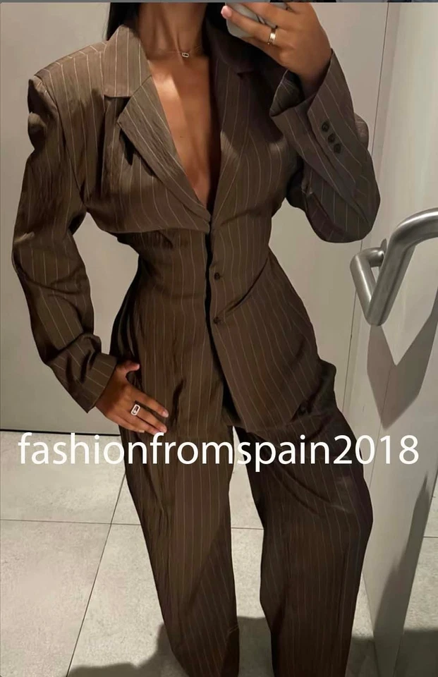 ZARA NEW WOMAN STRIPED SHOULDER PAD BLAZER THIN BELT BROWN ECRU 2010/722/087 - Image 1 of 1