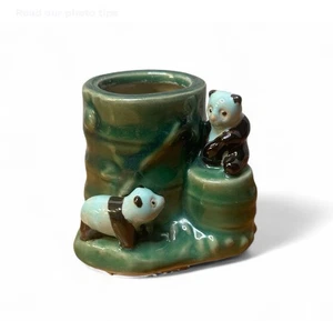 Vintage Bamboo Panda Bear Planter Vase Glazed Ceramic Small - Picture 1 of 8