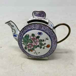 Mini Metal Enameled Teapot Asian Floral Pattern - Picture 1 of 19