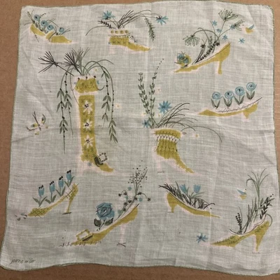 Jeanne Miller Vintage Azul Pálido Algodón Lima Pañuelo Zapatos y Flores Foto 1 de 4