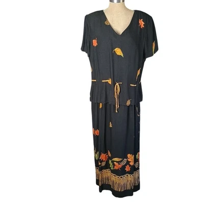 Maxi Vestido Sheri Martin Vintage Para Mujer Talla 14 Negro Hoja Patrón EE. UU. Foto 1 de 4