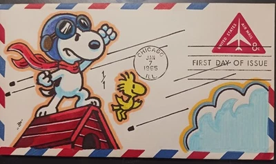 Cubierta de primer día de correo aéreo 1965 ~ dibujada a mano color 1/1 ~ cacahuetes - Snoopy (.8c) Foto 1 de 2