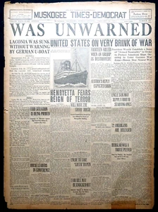1917 Oklahoma Zeitungen - Ungewarnter Cunard Liner Laconia versenkt von deutschem U-Boot - Bild 1 von 5