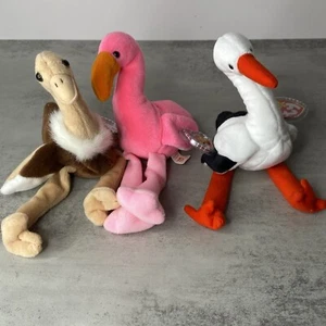 TY Beanie Babies Lot 3 BIRDS - Stretch Ostrich, Pinky Flamingo, Stilts Stork VGC - Picture 1 of 24