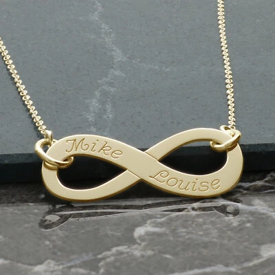 9ct Yellow Gold Plated Engraved Personalised Infinity Pendant Necklace and Chain - Image 1 of 3