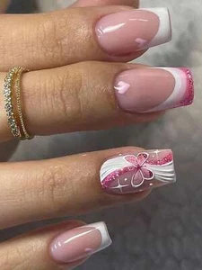 24pcs Long Square Pink Butterfly Print Fake Nail False Nails Press On Nails Glue - Picture 1 of 6