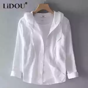 Cardigan camicia maniche lunghe uomo cotone lino casual traspirante con cappuccio e bottoni - Foto 1 di 29