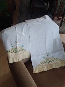 VINTAGE LINEN KING PILLOWCASES EMBROIDERED W. WOMAN IN DRESS - Picture 1 of 10
