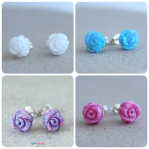 Rose Flower Lab Opal Ear Stud Post Silver Floral Earrings Women Girls Jewelry - Picture 1 of 21
