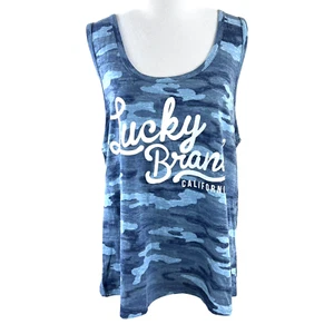 Lucky Brand Women's Blue Camouflage Sleeveless Tank Top Spellout Sz XXL - Picture 1 of 3