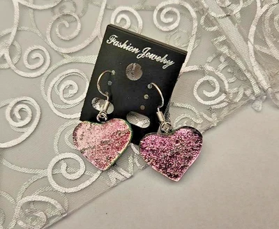 熔融手工粉红色心形二色玻璃吊坠耳环/全新 — 第 1/3 张图片