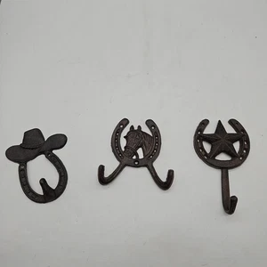 3 Star Horseshoe Cowboy Hat Wall Hook Cast Iron Key Coat Hanger Western Decor - Picture 1 of 6