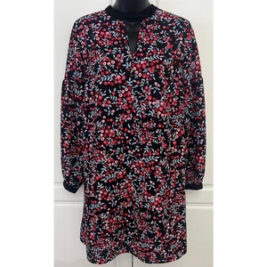 Loft Floral Berry Shift Dress Velvet Trim Keyhole Neckline Blouson Sleeve Size S - Afbeelding 1 van 8