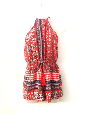 Jumper Orange Red White Blue Summer Romper w/ Slit Open Back & Top Ties + Tassle - Image 1 of 4