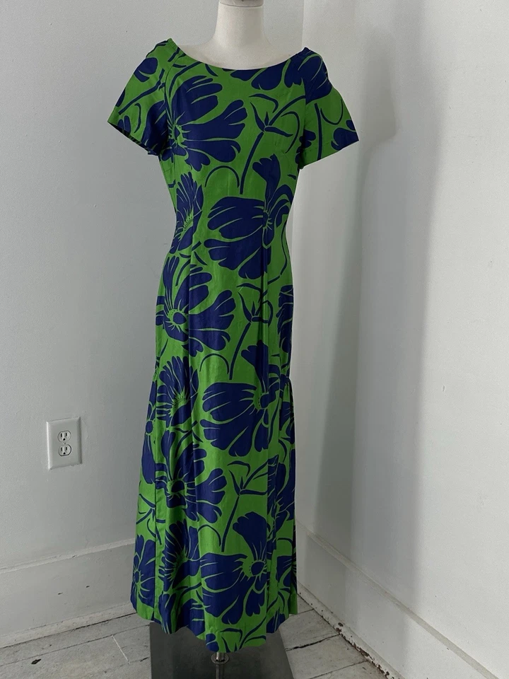Maxi Vestido Floral Hawaiano Verde Y Azul Gran Escala Años 60 De Colección Foto 1 de 4