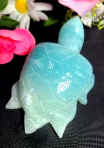 X Grande sculpture pierre cristal tortue de mer calcite aqua caribéenne 3,6" 168g - Photo 1/13