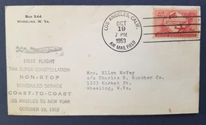 TWA First flight cover, Los Angeles to New York City - October 19-20, 1953 - Picture 1 of 4