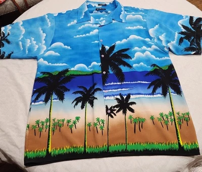 复古 00 年代 Koman Sport 夏威夷热带蓝色棕榈树男式衬衫尺寸 XXL — 第 1/4 张图片