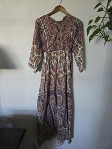 Danville Womens Large Vintage 70's Dress Maxi Cotton Long Tie Waist Red Beige - Picture 1 of 10