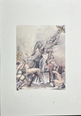 Erotische Lithographie „Hausfrauenparty“ Anonym 1950 Boobs & butts lick Fanny - Bild 1 von 3