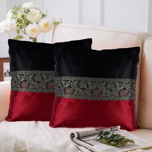 Red & Black Silky Satin Cushion Cover Throw Pillow Cover 16x16 (2 Pc) - Picture 1 of 4