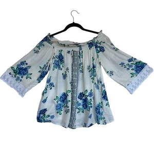 Derek Heart Floral Cottagecore Blouse Women M Crocheted Top Blue Flowy Festival  - Picture 1 of 10