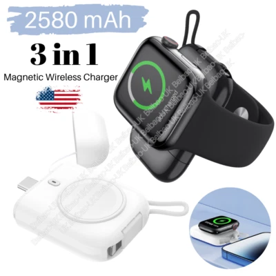 3合1无线磁性充电器适用于iWatch iPhone 15 USB-C便携式移动电源 — 第 1/4 张图片
