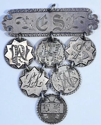 Broche/colgante de barra Love Token seis monedas de diez centavos sentadas Liberty 1887 ES PW AH AS LL WS BK Foto 1 de 2