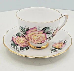 Colclough Teacups Saucers antique rose Ridgway Bone China Handpainted Gold Trim - Picture 1 of 12