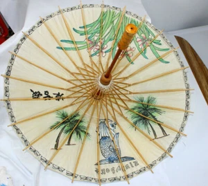 Singapore Chinese Umbrella Parasol Bamboo Paper Wood Art Painting Bull Mermaid - Picture 1 of 11