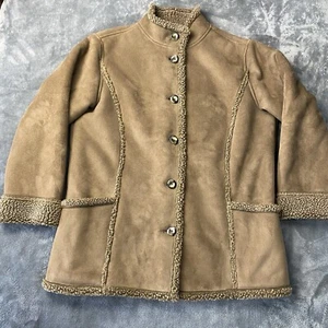 LL Bean Coat Womens M Outdoor VTG Jacket Brown Chore Faux Suede Sherpa Shearling - Picture 1 of 15